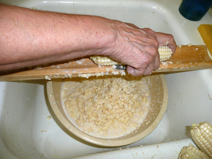 Grating corn from the cob is the final step prior to cooking and freezing. The kernels can be removed with a knife but this grater does a better job of getting the milk.