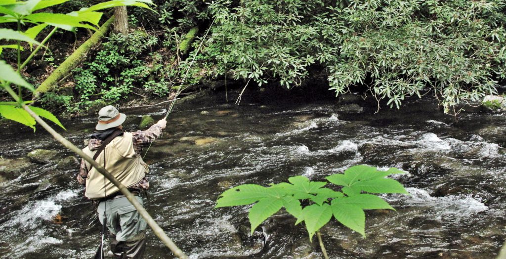 man fly fishing in creek