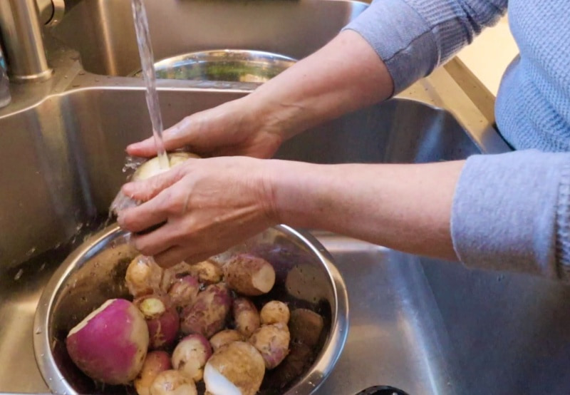 Turnips being washed